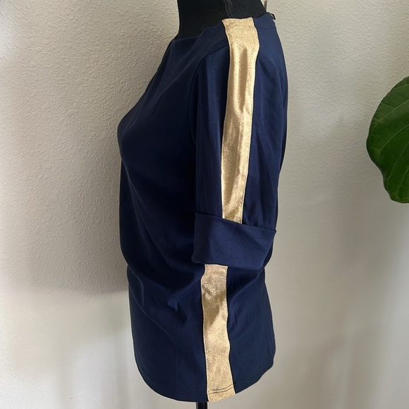Ralph Lauren Women’s Two-Tone Stretch Cotton Elbow-Sleeve Tee Navy Blue Gold NWT - Picture 7 of 15